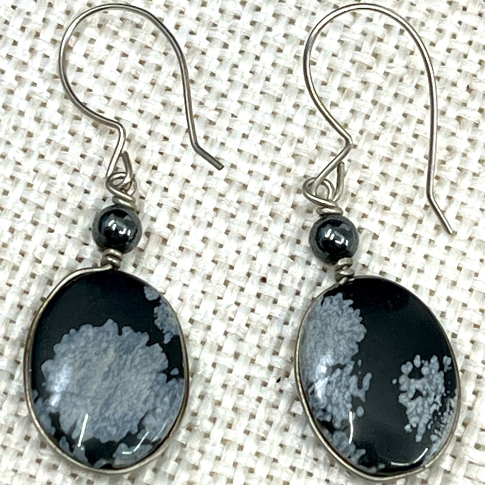Handmade Vintage 1990's Snowflake Obsidian & Black Pearl Earrings - Picture 1 of 16